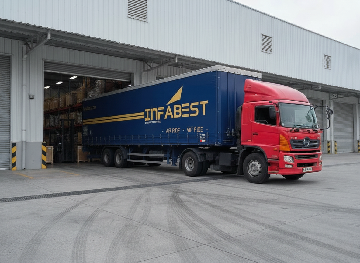 Infabest Logistics Air Ride truck loading cargo at a warehouse facility.